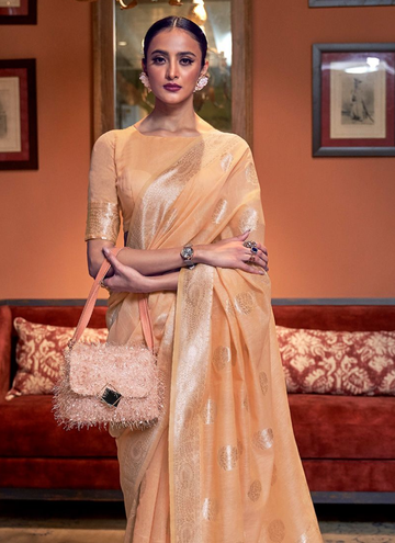 Ethnic Wear Light Orange Linen Saree For Festival